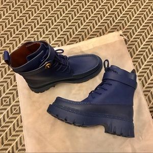 Excellent condition sapphire blue Coach leather combat boots. Never worn.